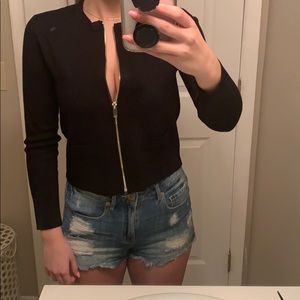 Cropped Zip-Up Black Stretch Zara Sweater